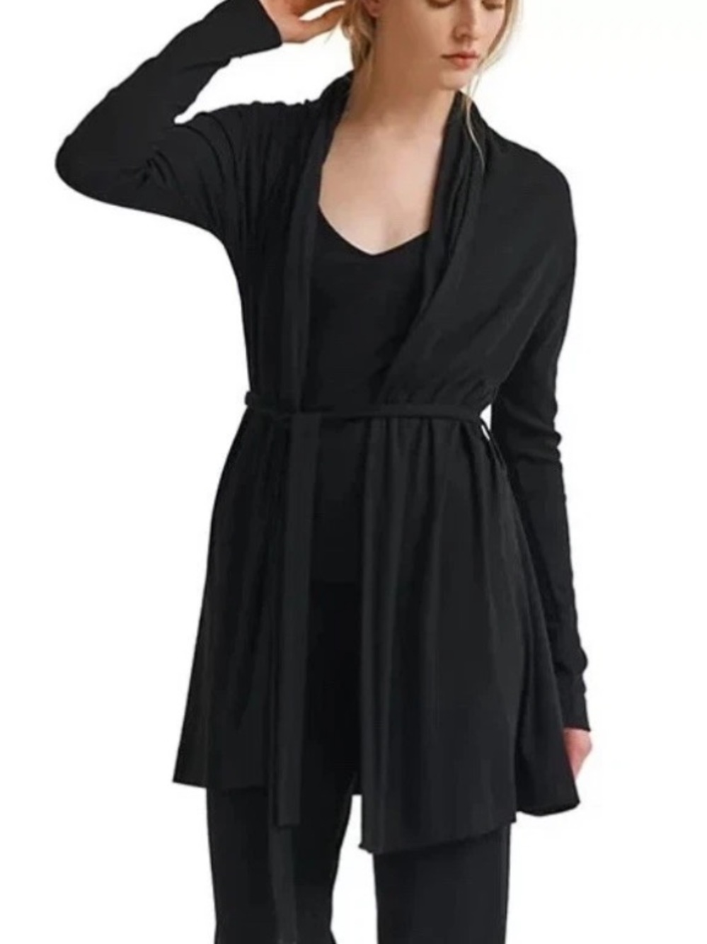 Natural Skin Pandora S Ribbed Wrap Tie Robe Black Cotton Modal Minimalist Layer